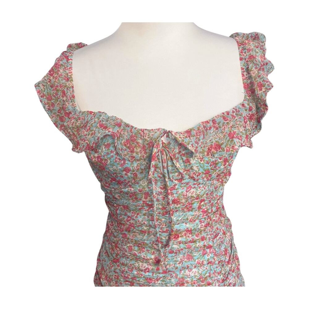 Anthropologie ASTR the Label S Floral Ruched Ruffle Mini Dress Milkmaid Coquette - Picture 5 of 12